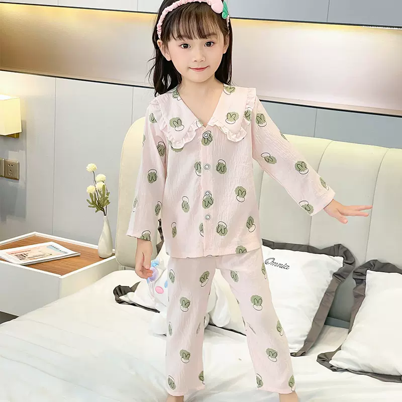 夏季女童长袖云朵棉宝宝开衫童睡衣男童薄绵绸款中大童家居服套装