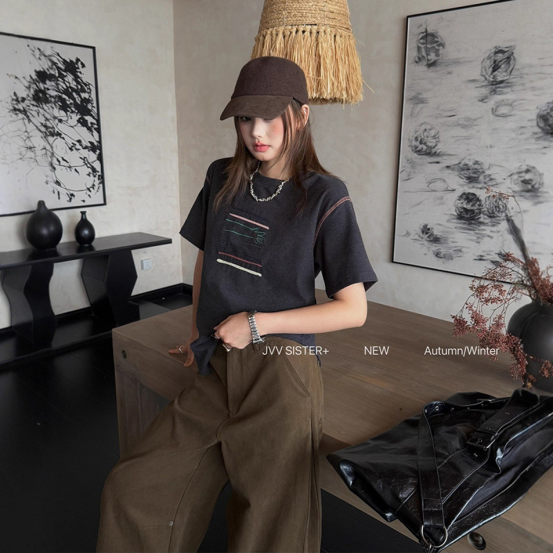 JVV十三行2025秋冬新款复古绣花图案双面德绒上衣短袖T恤女00631|undefined