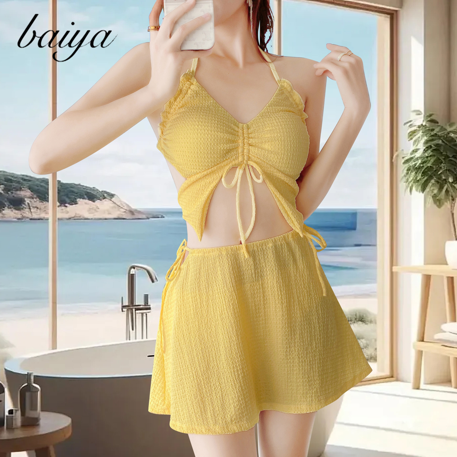 Trajes de baño de verano para mujeres sexuales y pechos pequeños se reúnen en dos piezas para cubrir la cintura alta para adelgazar el trajes de baño al por mayor.