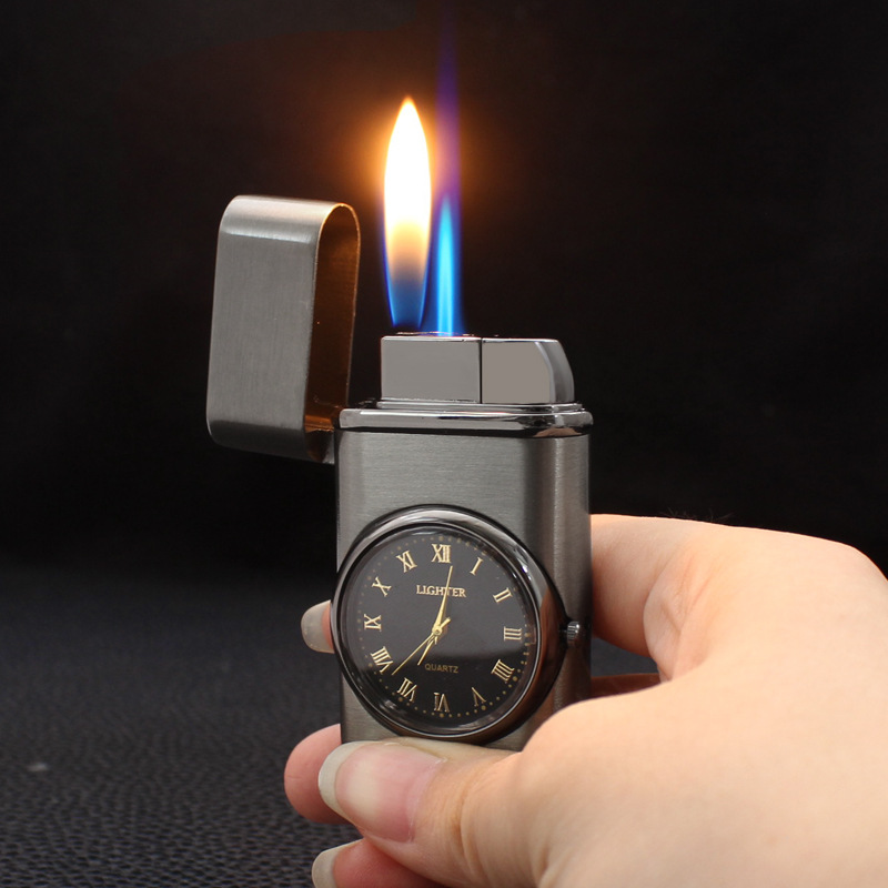 HF630 creativo doble interruptor de fuego reloj inflable recto encendedor de metal multifunción a prueba de aire encendedor al por mayor