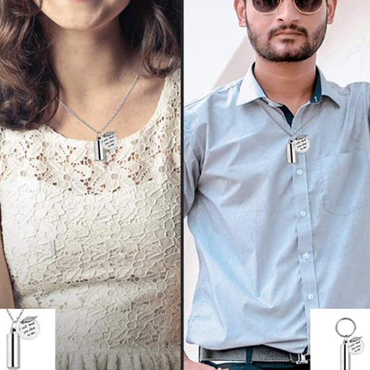 Amazon caliente venta conmemorativa de mascotas cenizas collar hombres y mujeres cilíndricas colgante alas de acero titanio plata colgante