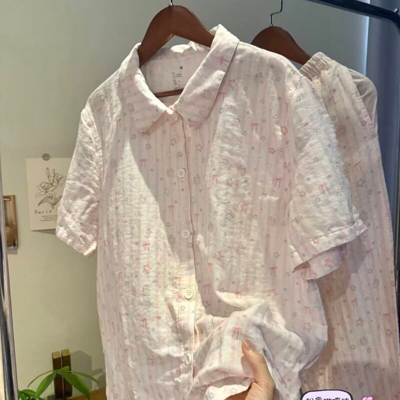 New Arrival! Doll Collar Short-Sleeve Long Pants 100% Cotton Class a Double-Layer Gauze Pajama Set Pure Cotton Gauze Maternity Loungewear
