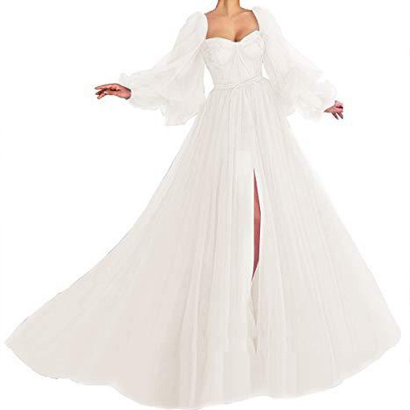 Nuevo Modelo 2025, Vestido de Novia de Estilo Europeo y Americano, con Hombros Descubiertos, Malla, Manga Larga y Amplio Dobladillo