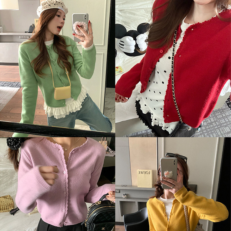 [Ready Stock] Im Green Hand Hook Lace Versatile Knitted Cardigan Women's Small V Neck Soft Waxy Knitted Top