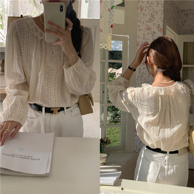 M WOODS Korean Edition Sweet Lace lace Mosaic Embroidery Chiffon Lotus leaf Long sleeve shirt