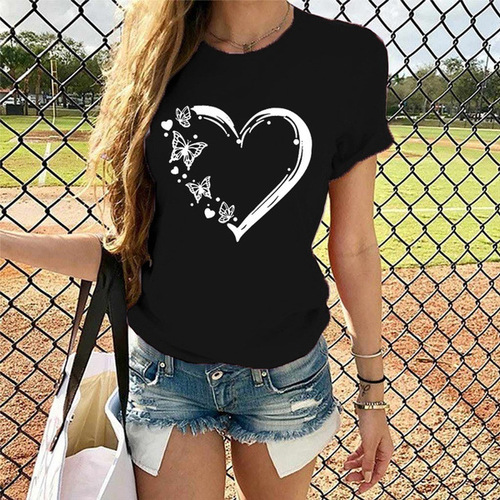 2024 Spring Shirt Cross-Border Butterfly Heart Style Loose Hooded Short-Sleeve T-Shirt Versatile Casual