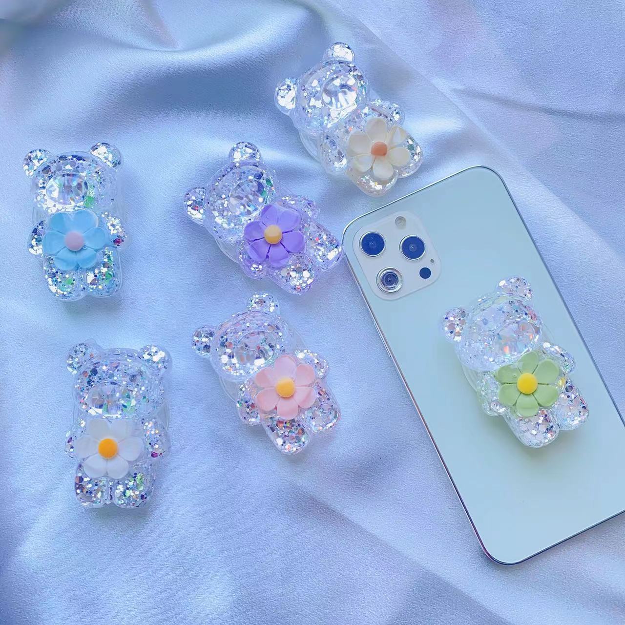 Cross-border Sequin Bear Bracket Air Cushion Mobile Phone Bracket Macaroon Flower Cute Bear Transparent Airbag Bracket