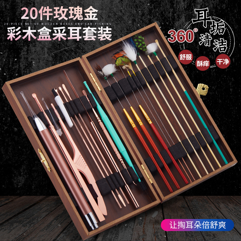 Fábrica en stock oreja recoger limpieza del oído cera limpieza pluma de ganso palo oreja recogiendo el color del pelo caja de madera oreja recogiendo herramienta traje