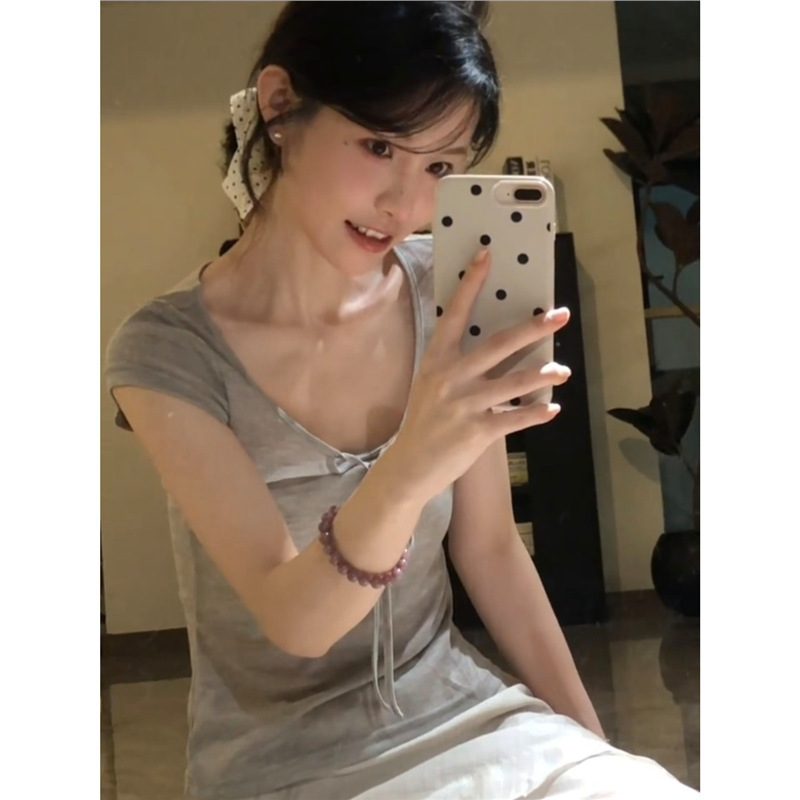 原版面料韩系氛围感u领系带短袖t恤女夏纯欲风超好看甜美收腰上衣|undefined