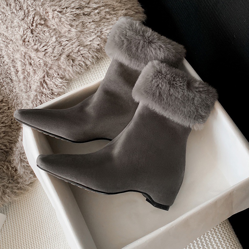 Boot nữ cổ cao lông cừu mũi vuông tăng chiều cao — cà phê nâu, màu xám, quả mơ