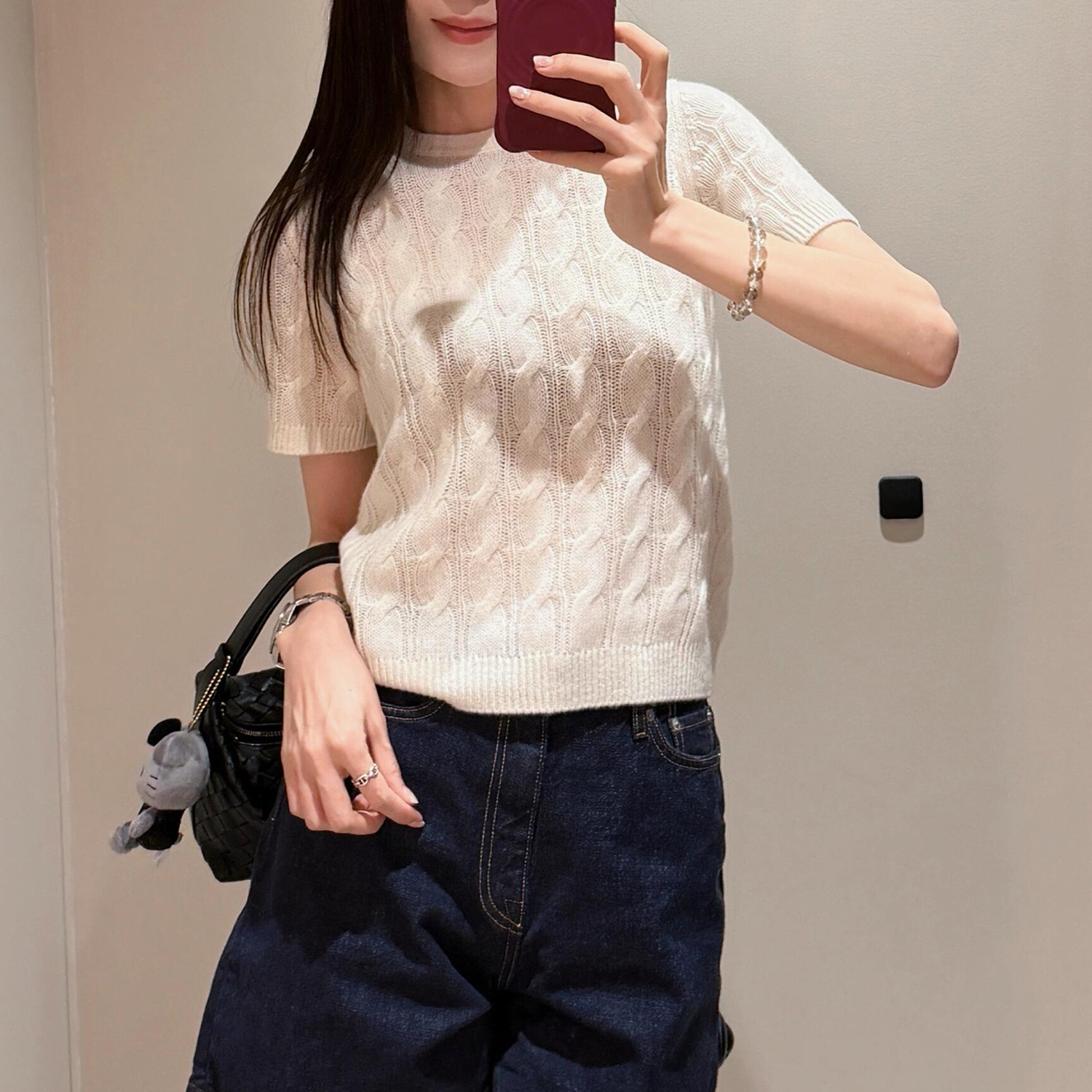C-brand standard fit cable knit short-sleeve wool T-shirt in ivory color, 26th autumn new product 1345047002