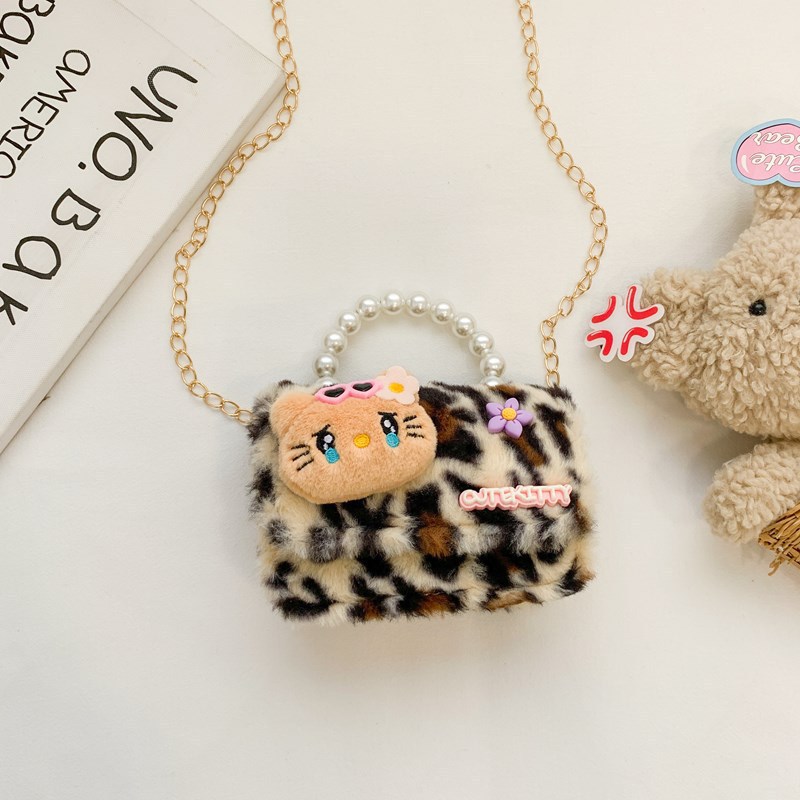 Nuevo leopardo arco bolso infantil peluche princesa de dibujos animados chica bolso de perlas bolso de hombro monedero