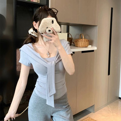 韩系紫色正肩短袖T恤女夏季设计感小众系带修身显瘦披肩上衣