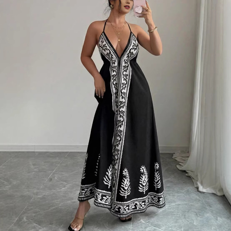 European and American Cross-Border Trade New Summer Fashion Sexy Spaghetti Strap Dress with Unique Printed Patterns