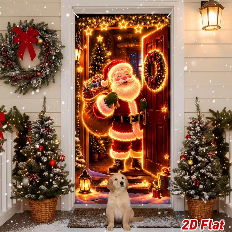 New cross-border Christmas door curtain with printed fluorescent Santa Claus door sticker decoration for holiday party door hanging New cross-border Christmas door curtain with printed fluorescent Santa Claus door sticker decoration for holiday party door hanging