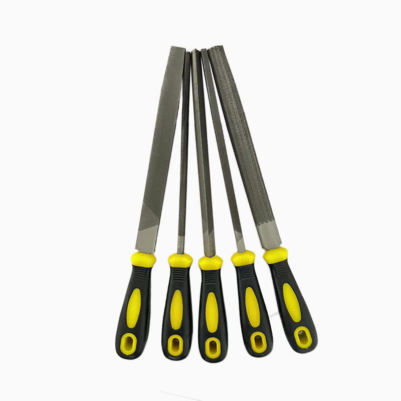 Juego de limas de acero al por mayor del fabricante, de cinco piezas con mangos de plástico recubiertos de goma antideslizante, que incluyen limas triangulares, limas redondas, limas planas y limas cuadradas.