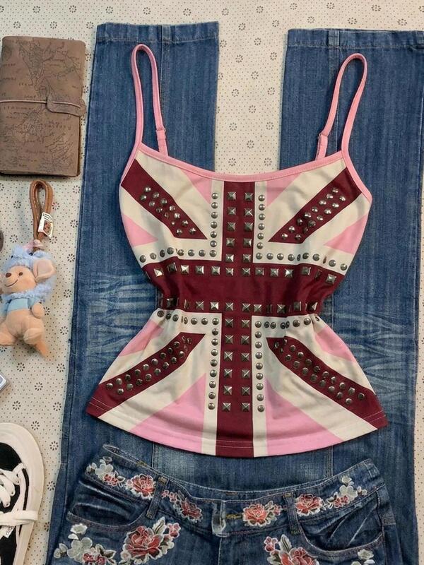 American Retro Vintage Gothic Y2K Hot Girl Pink Union Jack Rhinestone Print Camisole Top American Retro Vintage Gothic Y2K Hot Girl Pink Union Jack Rhinestone Print Camisole Top