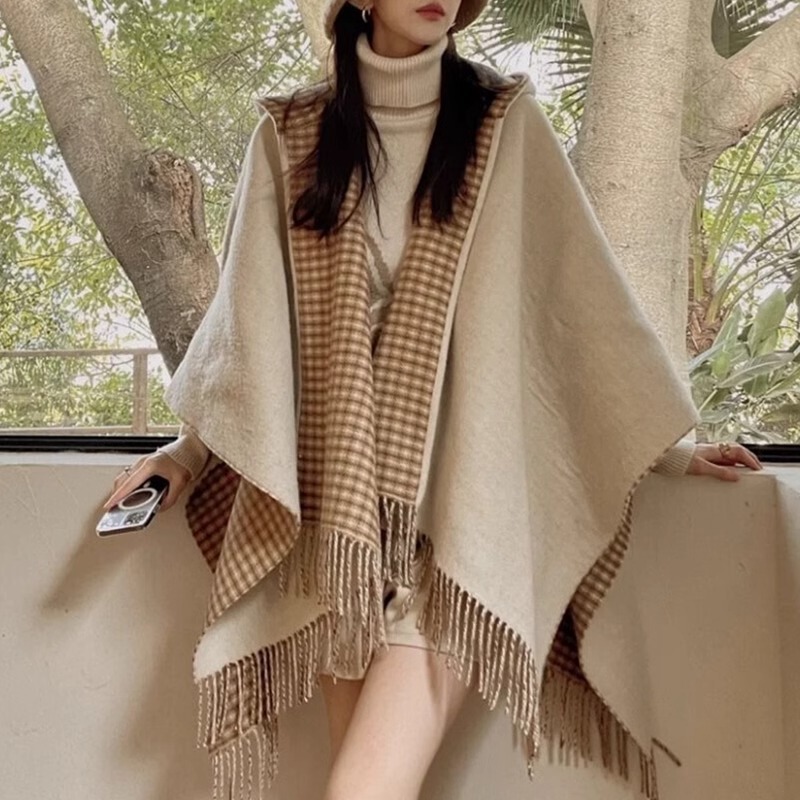 Imitation Cashmere Double-Sided Plaid Shawl for Women in Autumn and Winter Hooded Thickeneded Warm Outer Wear Cape Cloak Jacket