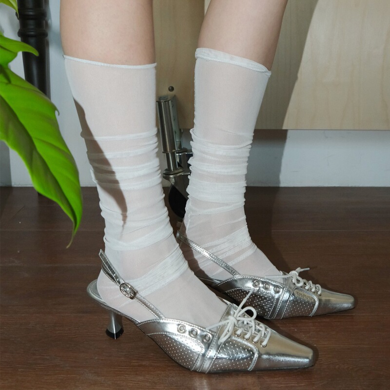 In Stock~Silver Pointed-Toe Women's Shoes, Genuine Leather, Bow-Tie, Closed-Toe, Sexy Kitten Heel, Stylish Lace-Up High Heels for Women