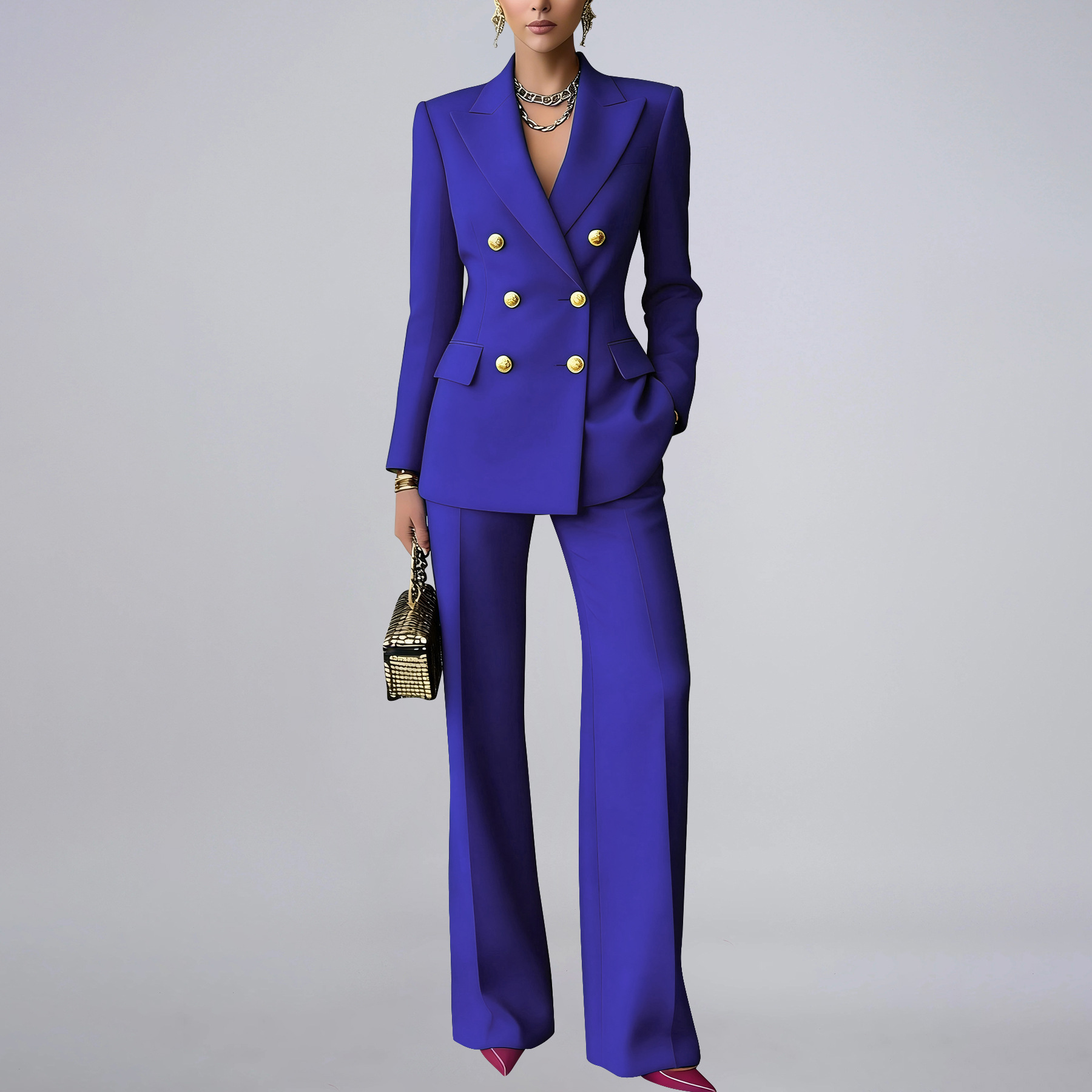Women's Solid Color Button Suit Trousers Set With Lapel Professional_ecoleips.com