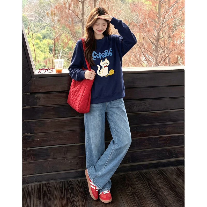 Maternity outfit for spring and autumn, new Korean style, loose-fitting navy blue sweatshirt two-piece set, flattering and slimming, suitable for casual and commuting wear Maternity outfit for spring and autumn, new Korean style, loose-fitting navy blue sweatshirt two-piece set, flattering and slimming, suitable for casual and commuting wear