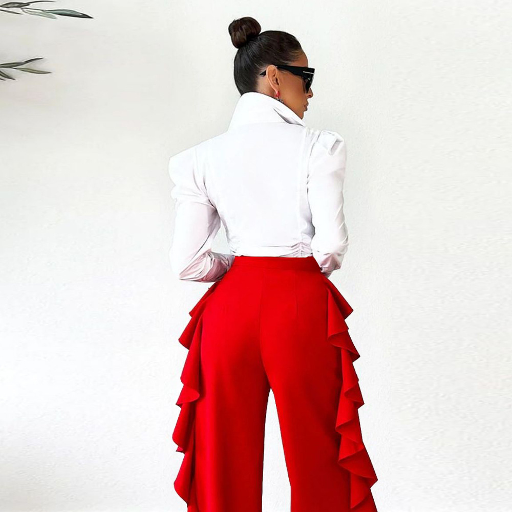 Women's Ruffled High-Waisted Wide Leg Pants Casual Formal High Waist Trousers For Spring Autumn Summer Regular Fit Polyester_ecoleips.com
