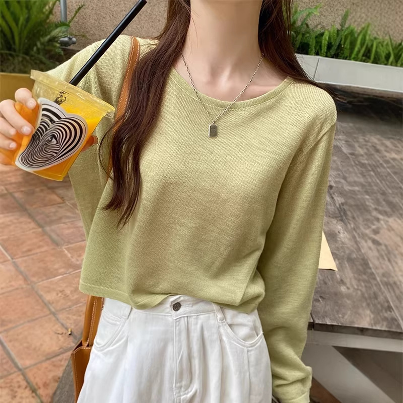 Summer Thin Long-Sleeve Ice Silk Knit Top for Women, New Style Cover-Up, Air-Conditioned Room Shirt, Short Round-Neck Korean-Style T-Shirt, Ins