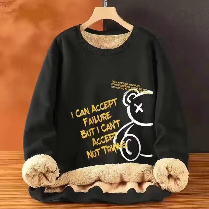 Winter New Thickened fleece-lined Lamb Velvet Sweatshirt Men's National Fashion Warm Top Round Neck Men's Casual Fashion