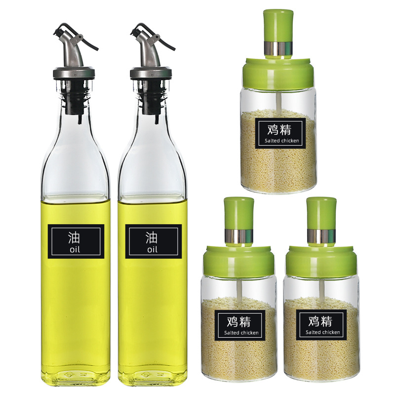 Olla de aceite de vidrio de apertura y cierre automático personalizada, juego de combinación de tanque de condimento, tanque de sal, olla de aceite puntual, botella de condimento, juego de cinco piezas