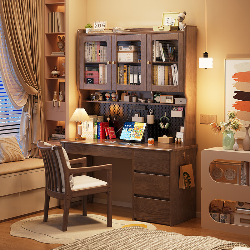 Solid Wood Desk Bookshelf Integrated Children's Study Table Home Desk with Bookcase Simple Computer Desk Student Writing Desk