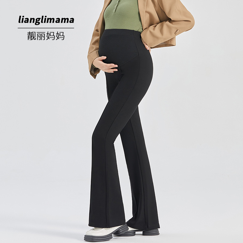 Maternity bell-bottom pants for spring and autumn, outerwear, slimming, small black, high-waisted, ribbed, adjustable maternity leggings