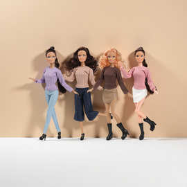 新款11寸30厘米洋娃娃巴比换装时尚羊毛衣牛仔裤套装欧美跨境款式