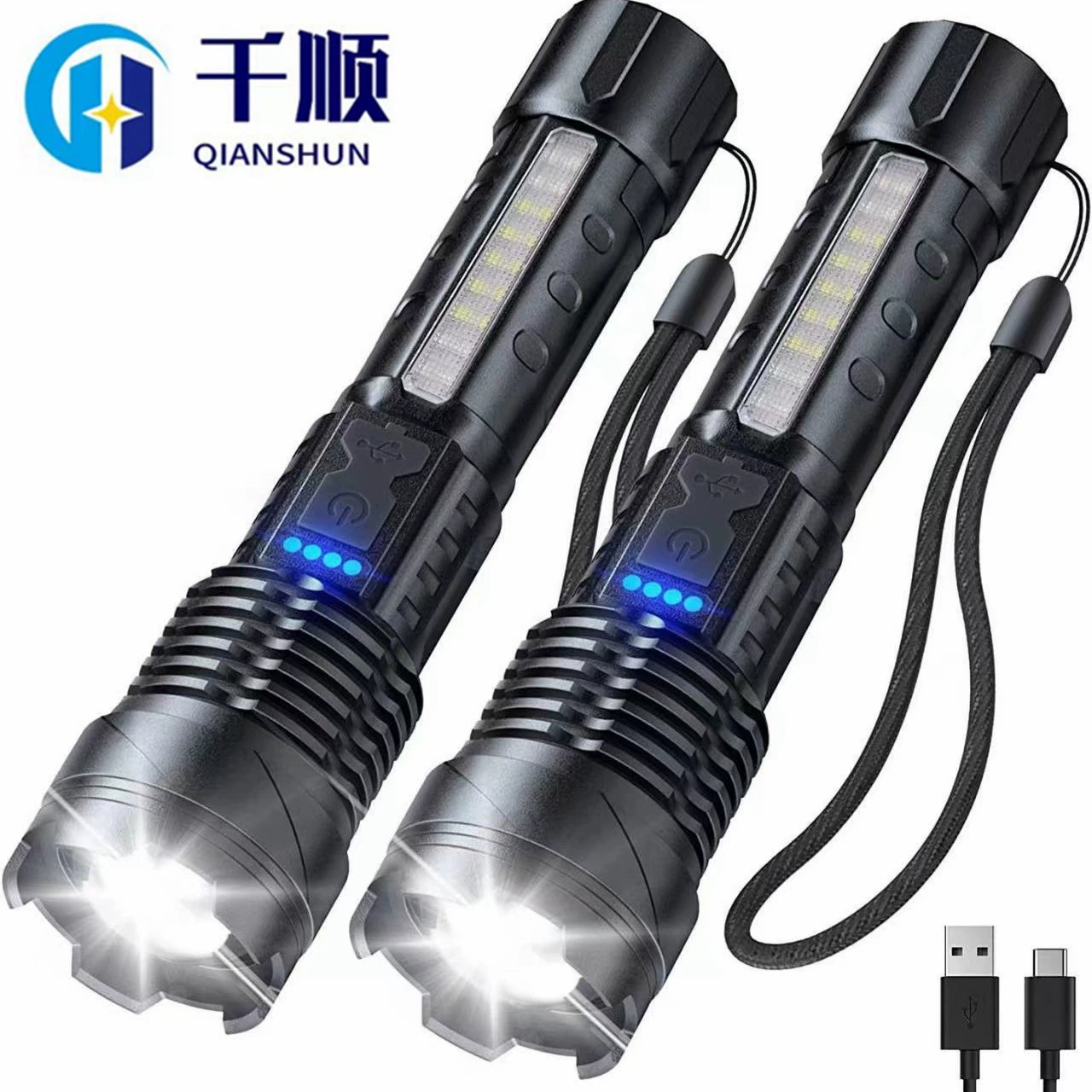 Белый лазерный Телескопический фонарик с зумом домашний открытый длинный выстрел красный и синий предупреждающий боковой свет Светодиодный фонарик A76