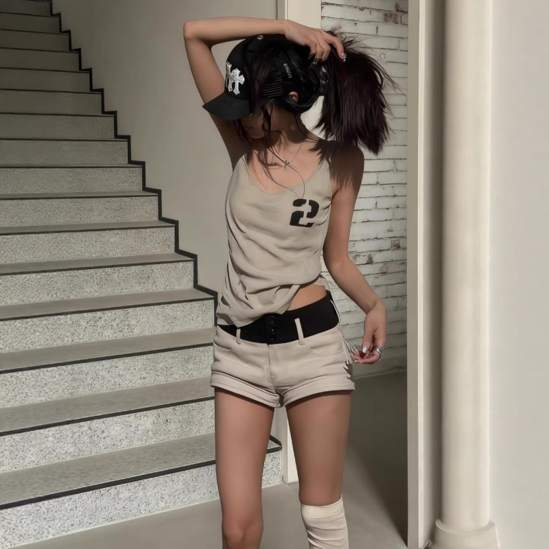 Code Name: Mystery Khaki Lettered Vest Women's Summer Slim Fit Round Neck Tank Top + Apricot Shorts Two-Piece Set Code Name: Mystery Khaki Lettered Vest Women's Summer Slim Fit Round Neck Tank Top + Apricot Shorts Two-Piece Set