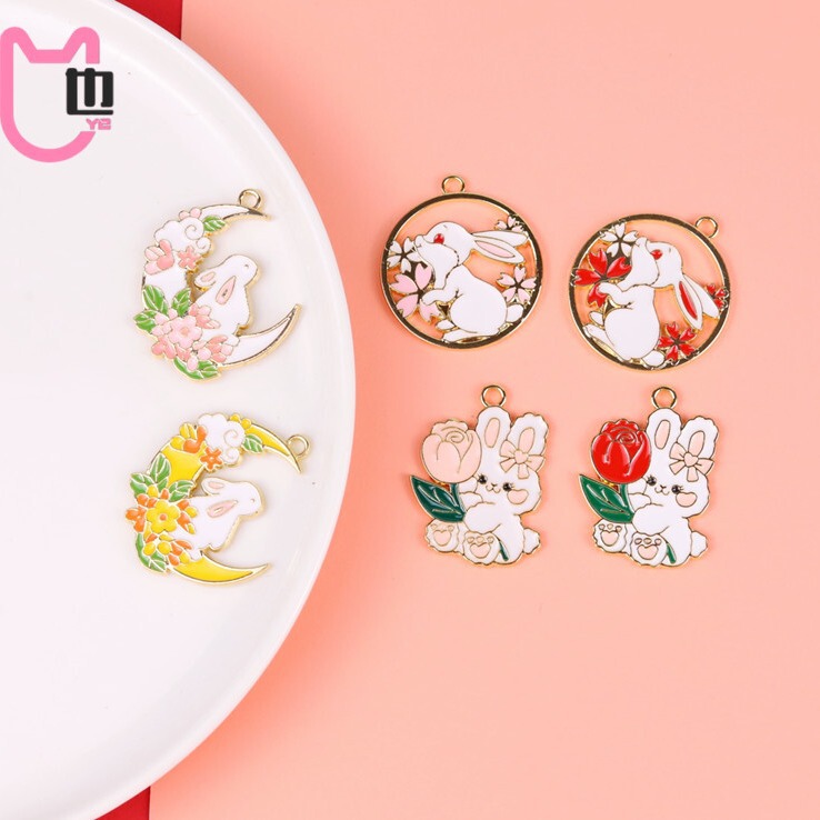 Year of the Rabbit New Year Cartoon Rose Cherry Blossom Rabbit Moon Garland Rabbit diy Alloy Oil Drop Keychain Pendant Pendant