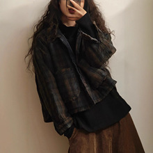 炒色做旧拼色格子棉衣女短款2025冬季新款宽松百搭双口袋加棉上衣