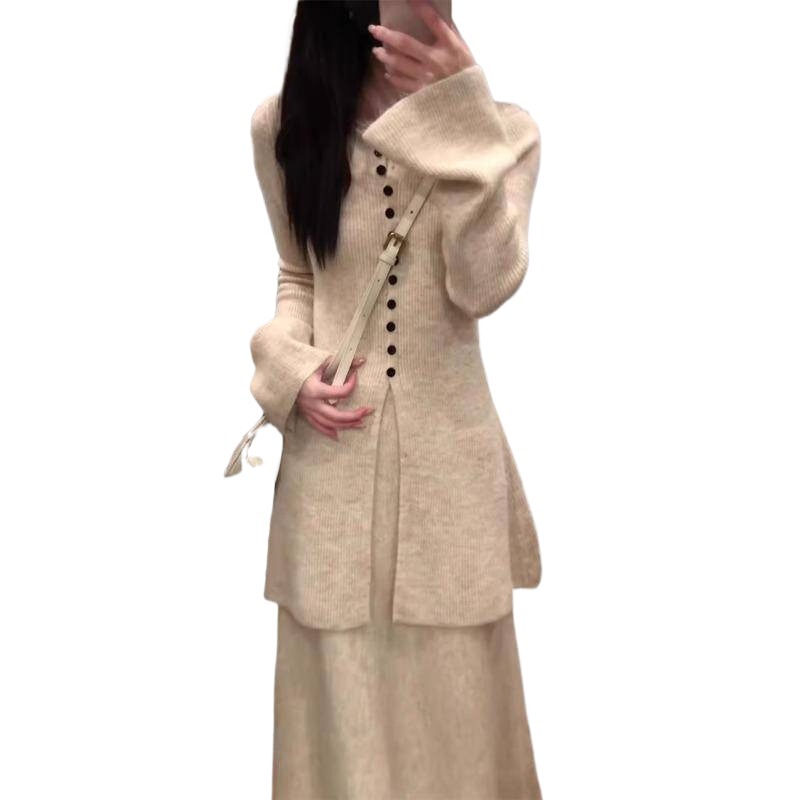 法式韩版超仙毛衣套装女秋冬新款修身显瘦设计感收腰中长半身裙两|undefined