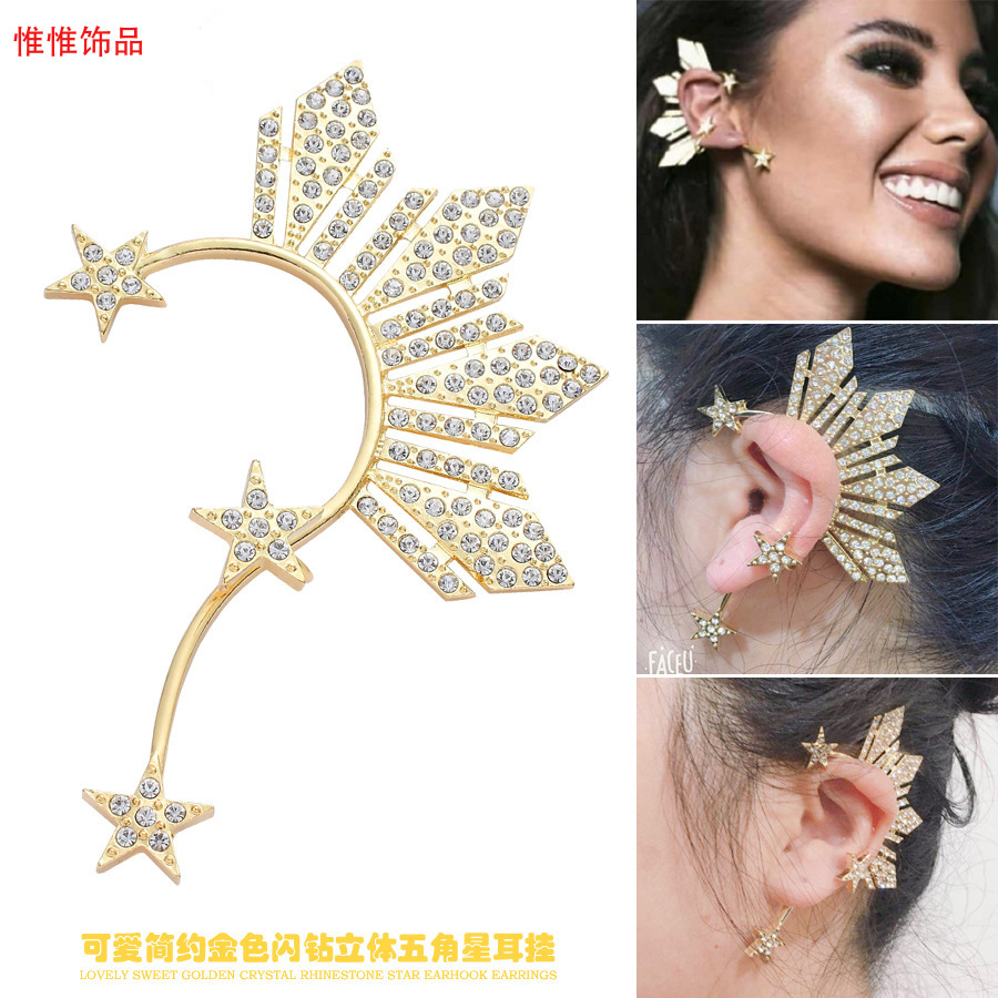 European and American Fashion Exaggerated Personality Ear Hanging Creative Diamond-inlaid Golden Single Side Five-pointed Star Big Crown Earrings Without Ear Holes