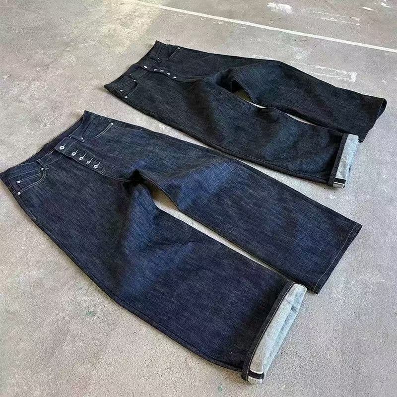 Cross-Border Five-Button Unbleached Raw Denim 14oz Loose Solid Color Straight A-Line Wide-Leg Baggy Jeans Cross-Border Five-Button Unbleached Raw Denim 14oz Loose Solid Color Straight A-Line Wide-Leg Baggy Jeans