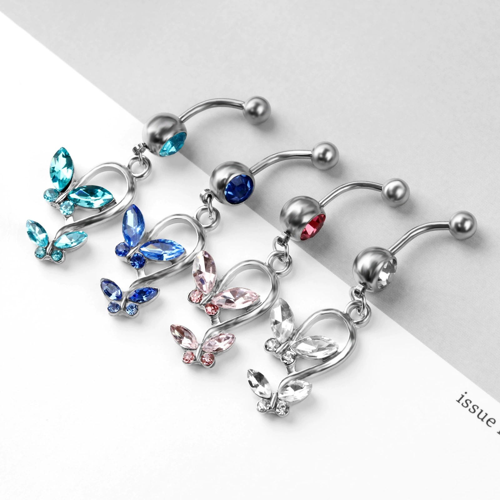 Belly Button Ring, Butterfly Dangle, 316L Surgical Steel Bar, 1.6×11 mm, Crystal Inlay