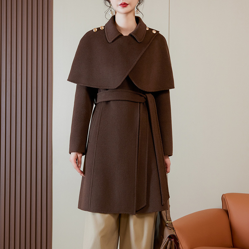 New Women's Cape Wool Trench Coat Long Casual Woolen Button