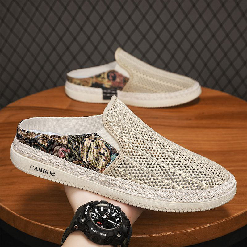 Half Slippers Men's Summer Mesh Casual Slip-On Cloth Shoes Breathable Hollow Slippers Heelless Old Beijing Canvas Shoes