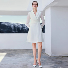 时尚白色女士连衣裙西装领名媛气质商务宴会中款正装女裙修身显瘦