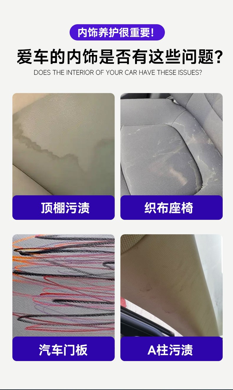 Car Interior Cleaner, No-Wash Interior Leather Cleaner, Leather Seat Ceiling Multi-Functional Decontamination and Renovation Agent