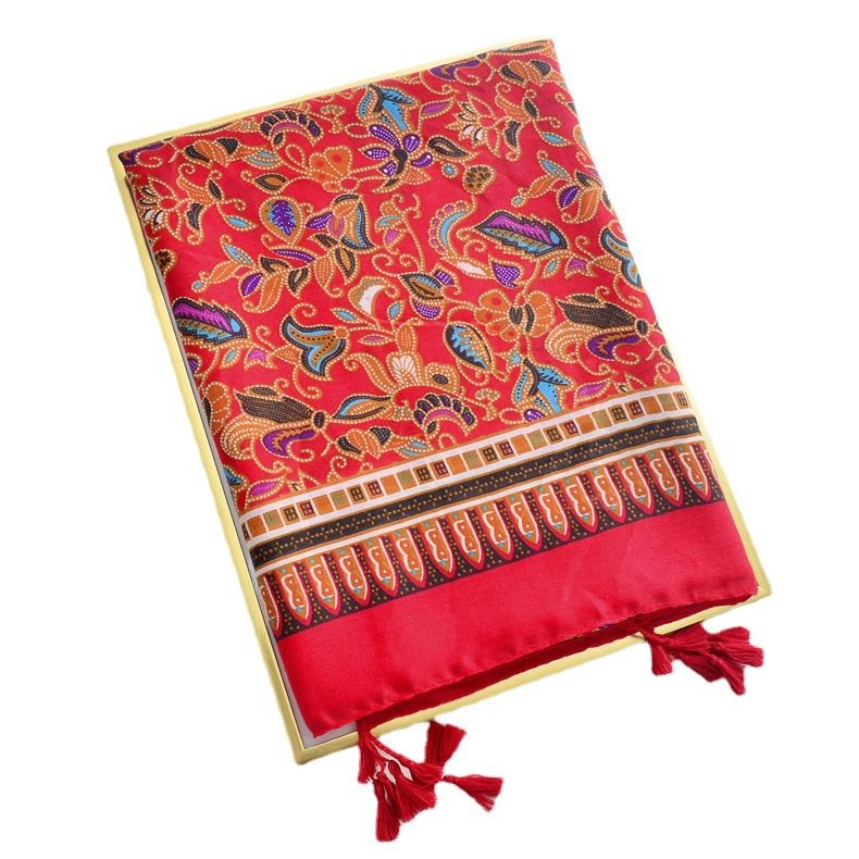 2021 nuevo estilo étnico retro protector solar chal Yunnan Lijiang viaje algodón y lino sentir borla bufanda larga roja