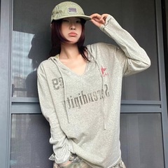 2025秋季新款美式辣妹做旧印花长袖t恤女ins薄款撞色帽衫防晒上衣