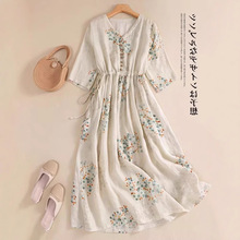 复古小碎花棉麻连衣裙女2025春夏新款宽松显瘦抽绳收腰度假风长裙