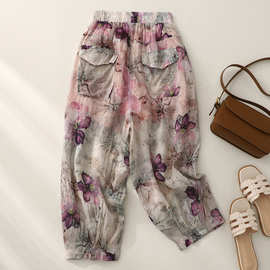 夏季印花苎麻休闲裤女夏季薄款宽松舒适9分复古文艺洋气灯笼裤