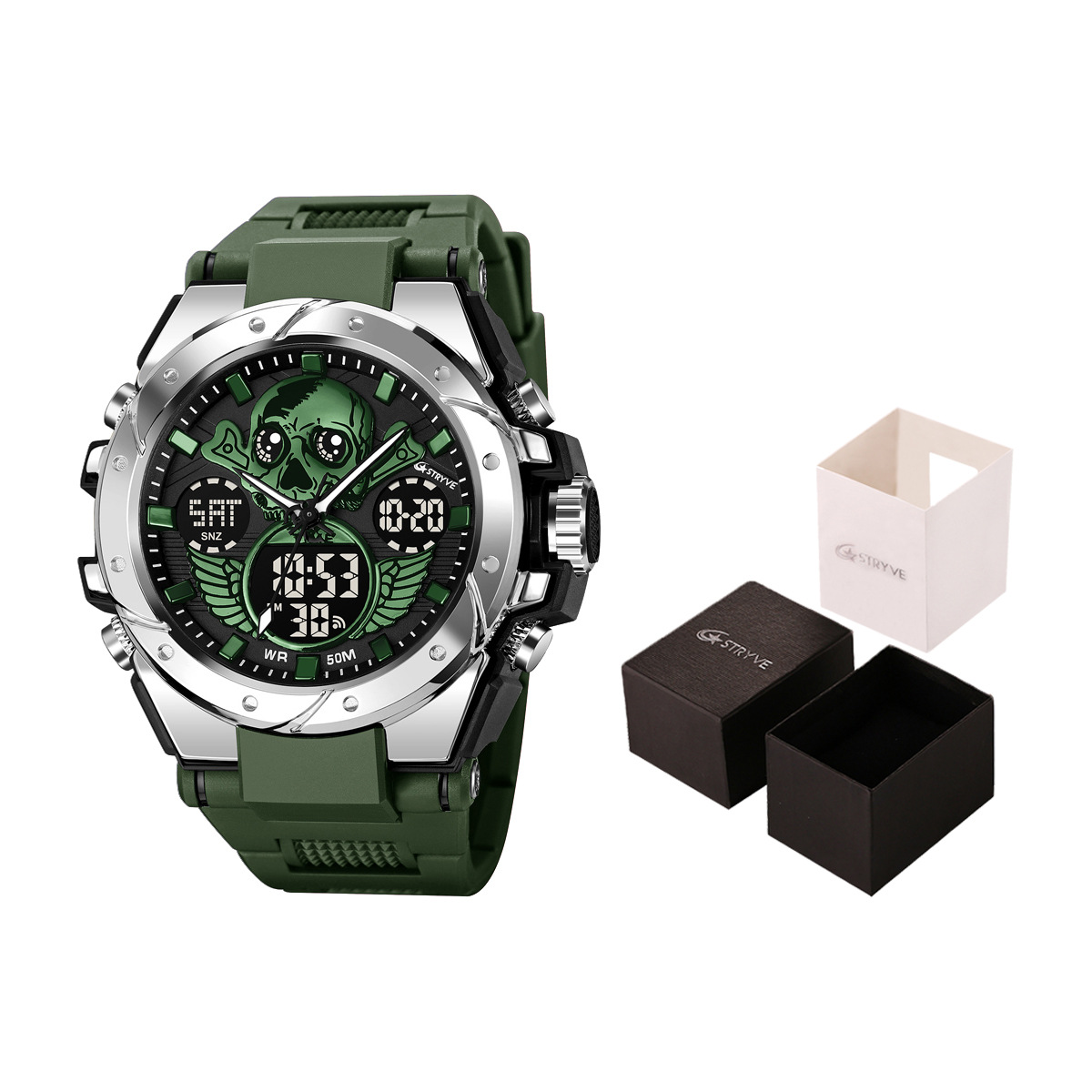 STRYVE e-commerce hombres deportes cráneo luminoso electrónico impermeable reloj multifuncional reloj entrega de una pieza 8008