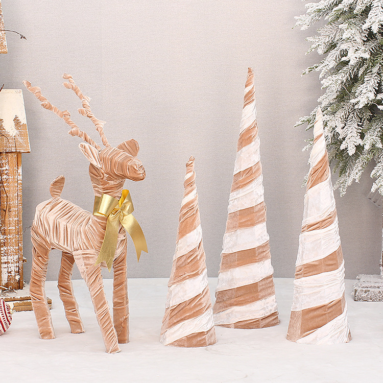 Christmas Decoration Set – Fabric-Wrapped Spire Trees & Reindeer Figurine, Iron Frame, 3-Piece Holiday Decor​_voghion.com